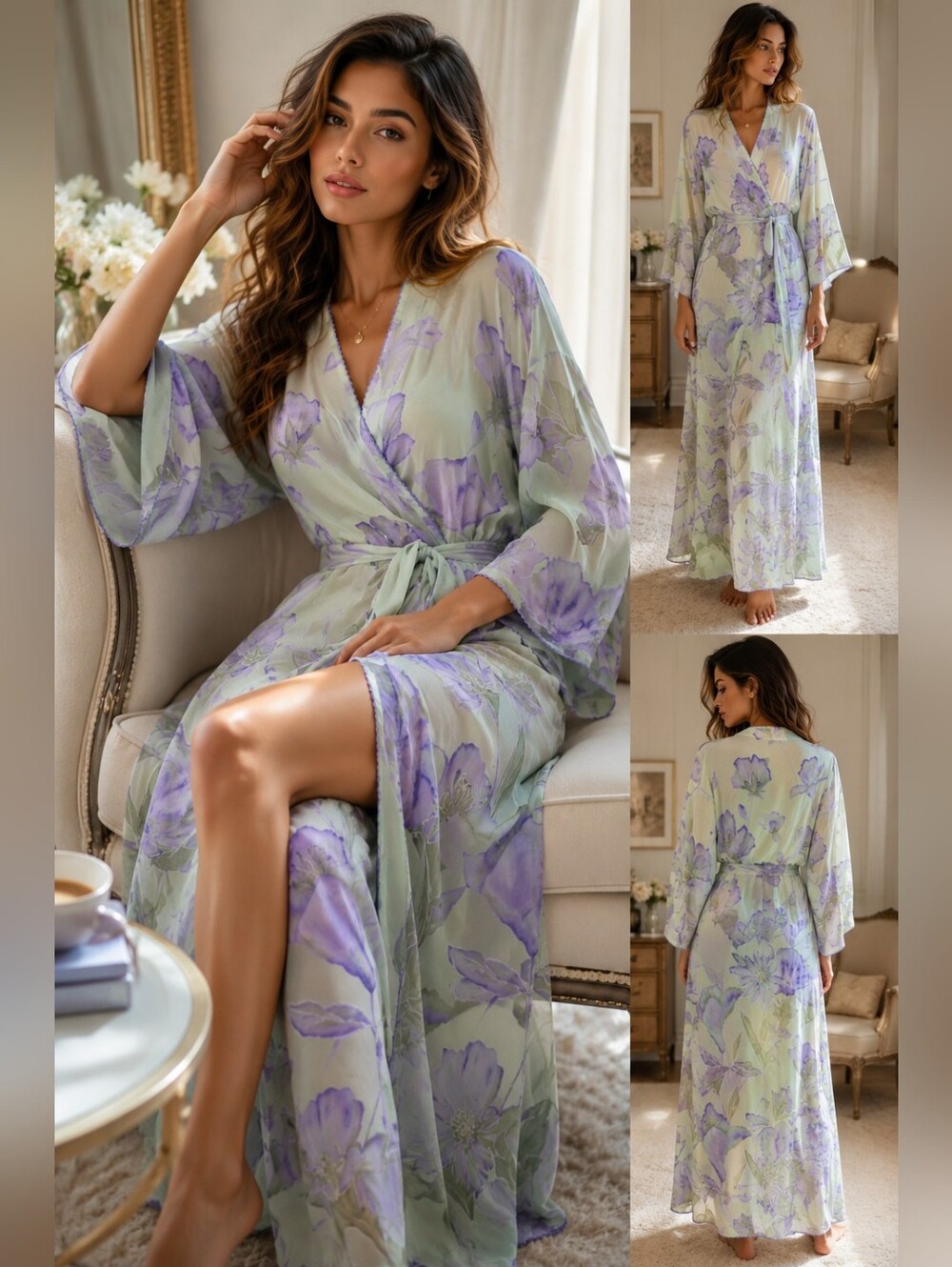 Vintage‎ Etheral Watercolor Floral Wrap Maxi Dress/robe Cottagecore M